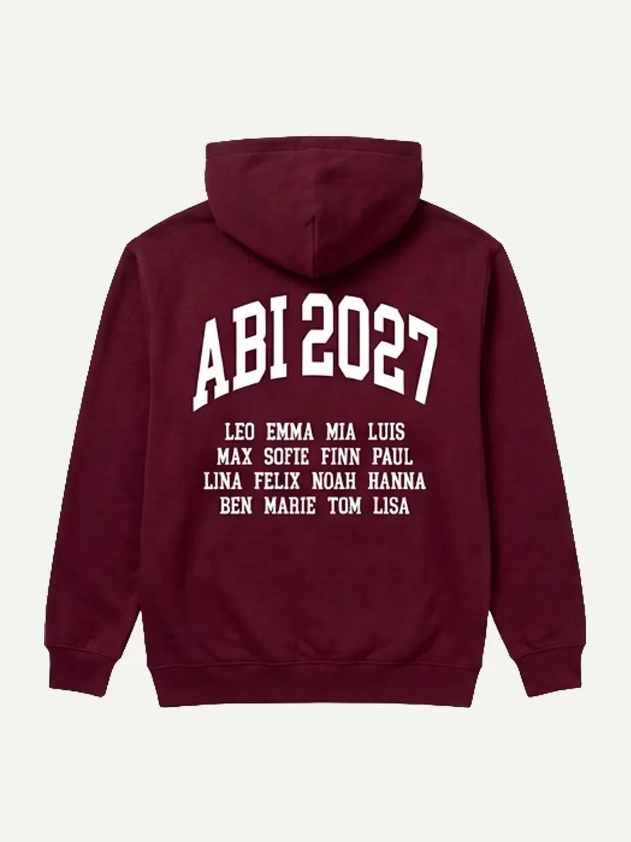 Rückseite eines bordeauxroten Hoodies mit Abi-Jahrgang und einer Namensliste als Platzhalter