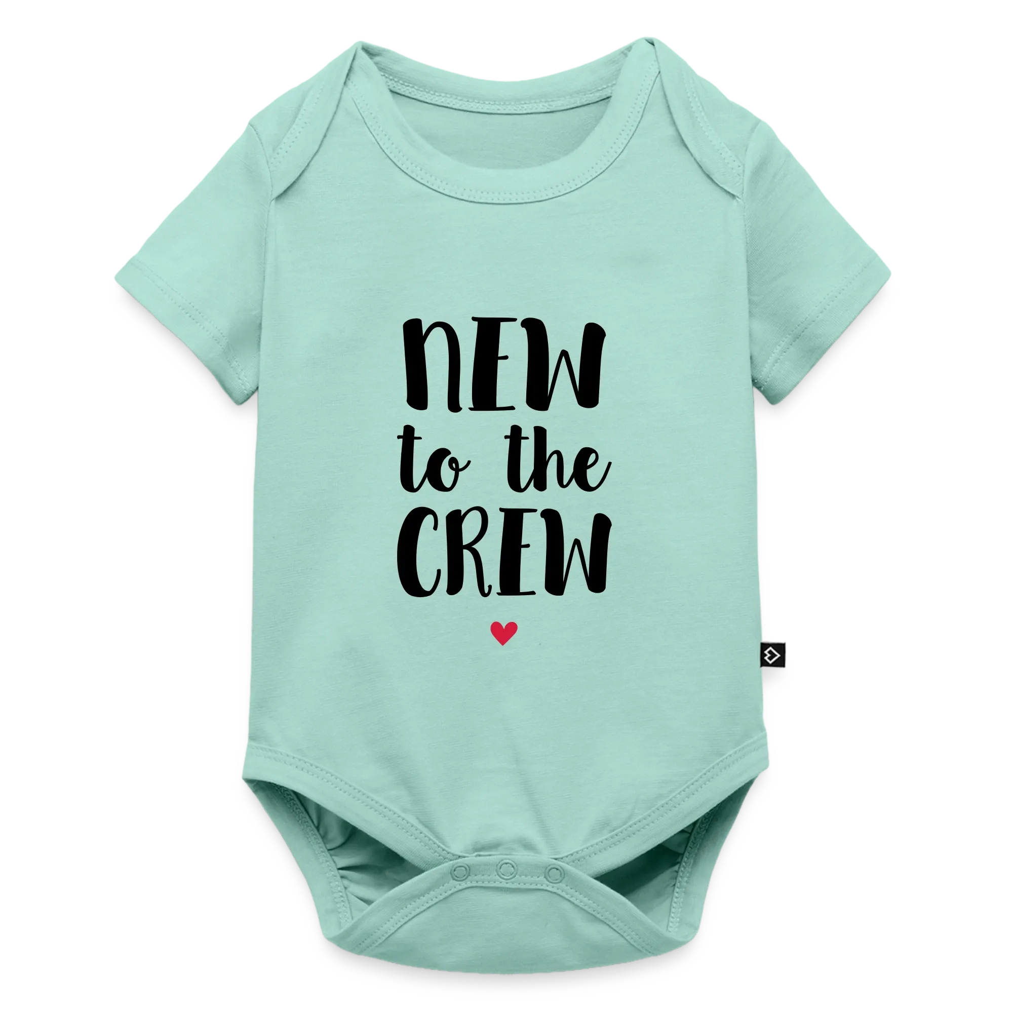 Mintgrüner Babybody mit schwarzem Aufdruck „New to the Crew“ und rotem Herz