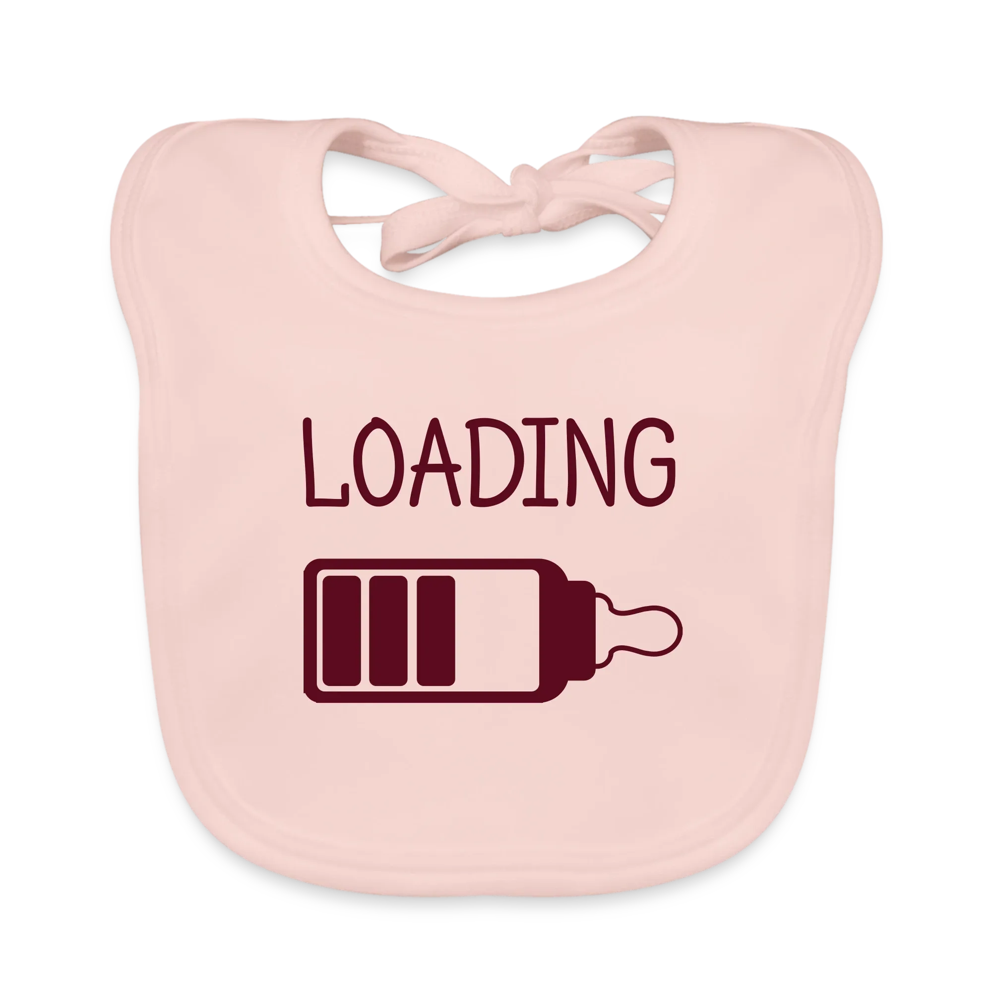 Rosa Lätzchen mit Aufdruck „Loading“ und einer Fläschchen-Batterie