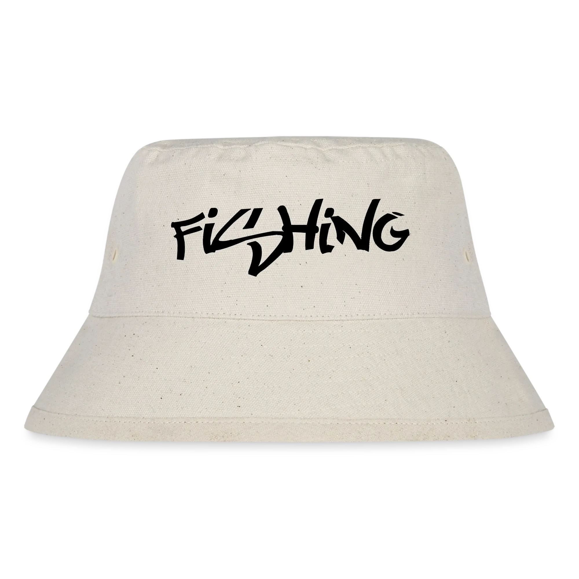 Beiger Fischerhut mit schwarzem Schriftzug „Fishing“