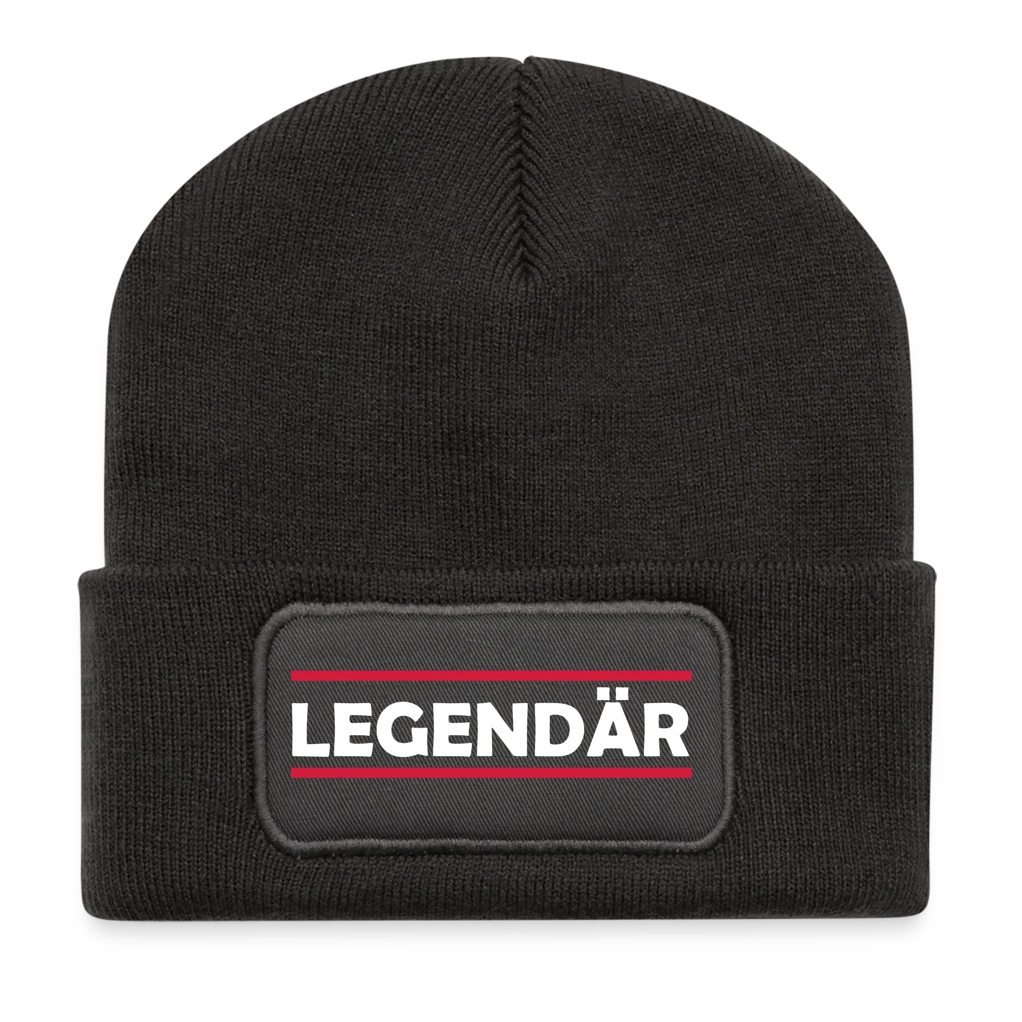 Schwarze Strickmütze mit aufgenähtem Patch und Schriftzug „Legendär“