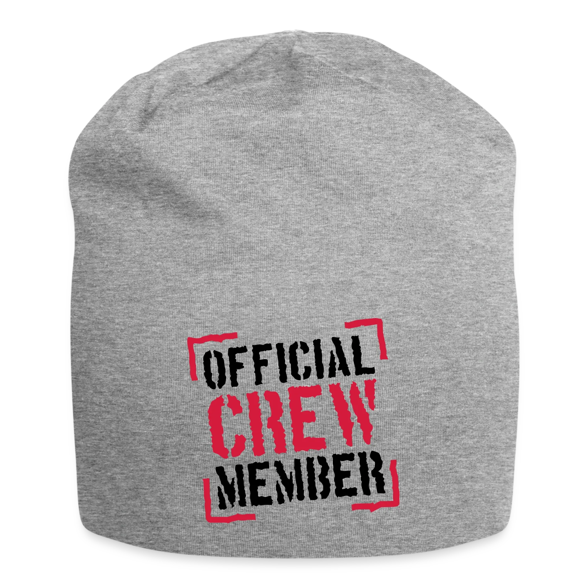 Graue Jersey-Beanie mit Aufdruck „Official Crew Member“ in Schwarz und Rot
