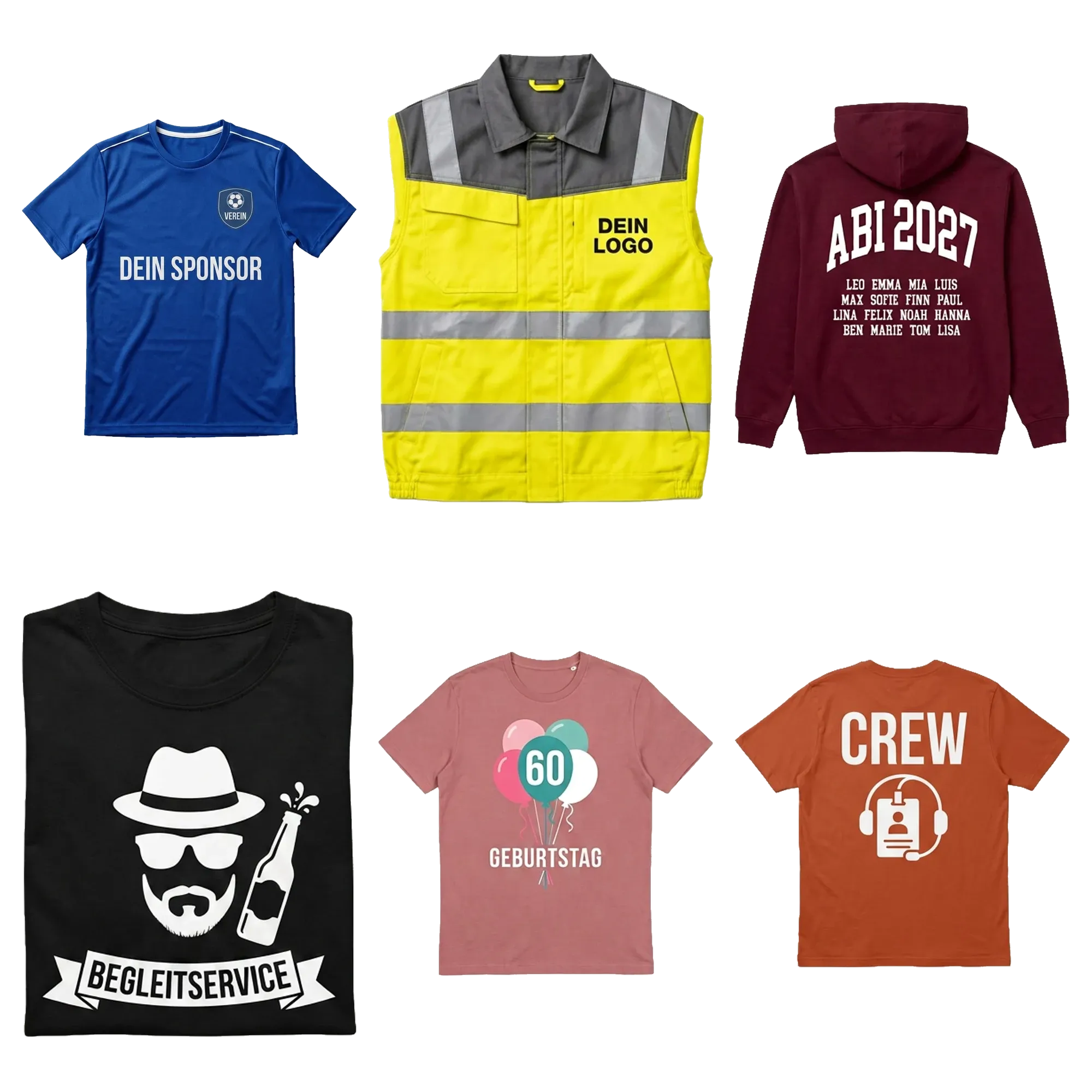 Sechs bedruckte Teile, je eines pro Anlass: Vereinstrikot, Warnweste, Abi-Hoodie, JGA-Shirt, Geburtstagsshirt und Crew-Shirt