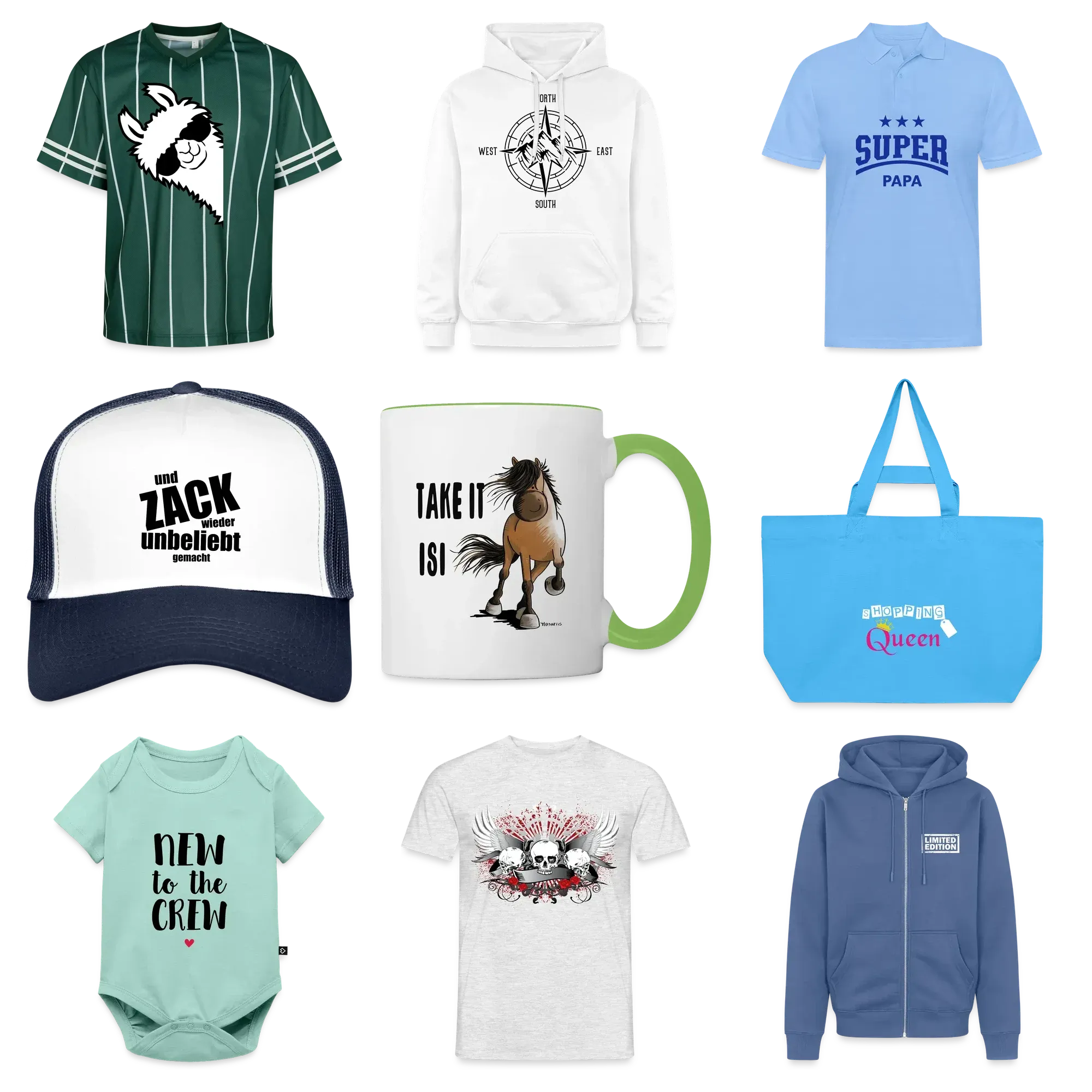 Neun bedruckte Beispielteile aus allen Kategorien: Trikot, Hoodie, Poloshirt, Cap, Tasse, Einkaufstasche, Babybody, T-Shirt und Kapuzenjacke