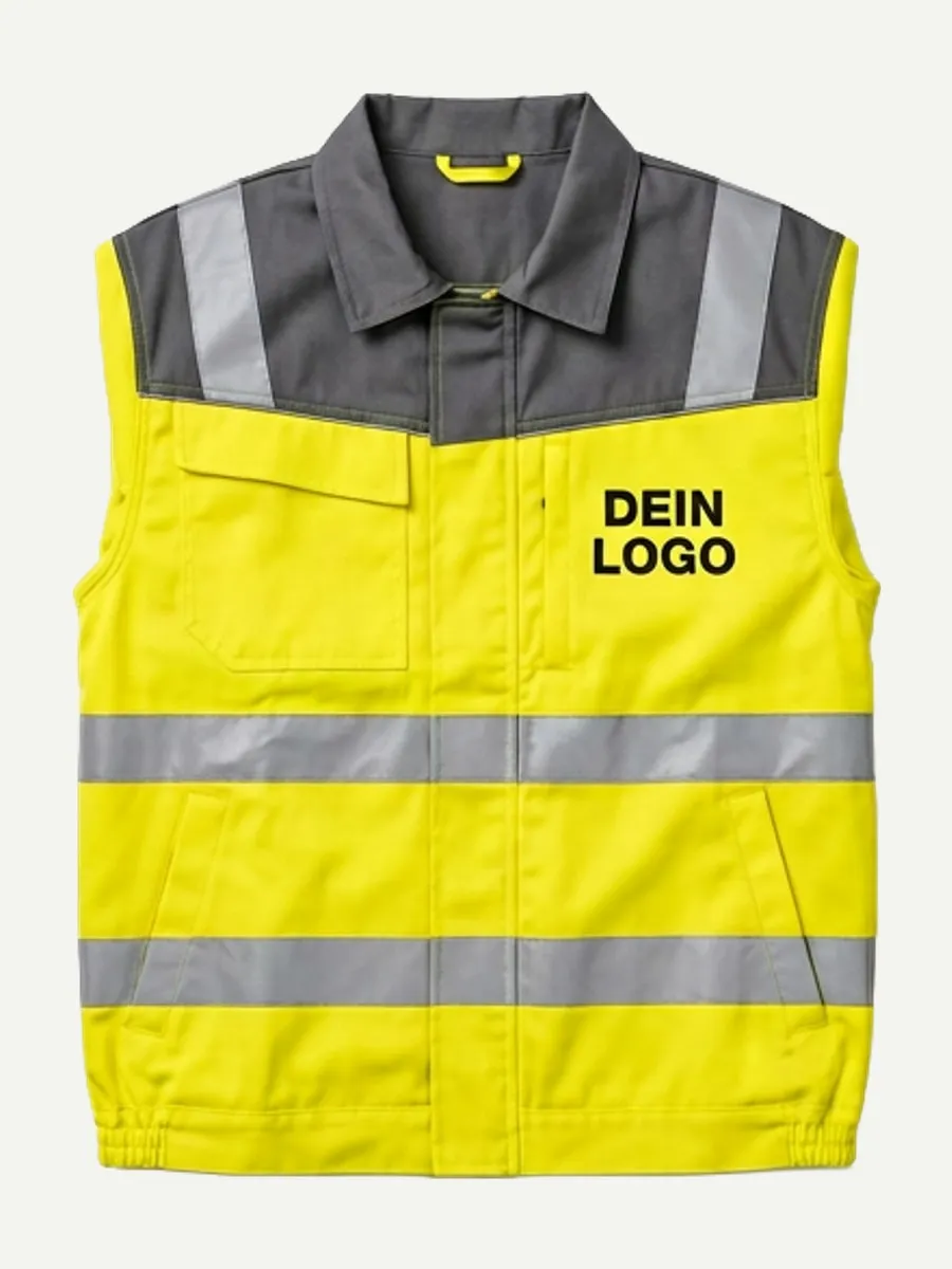 Gelbe Warnweste mit grauen Schulterpartien und Reflexstreifen, auf der Brust ein Platzhalter für dein Logo