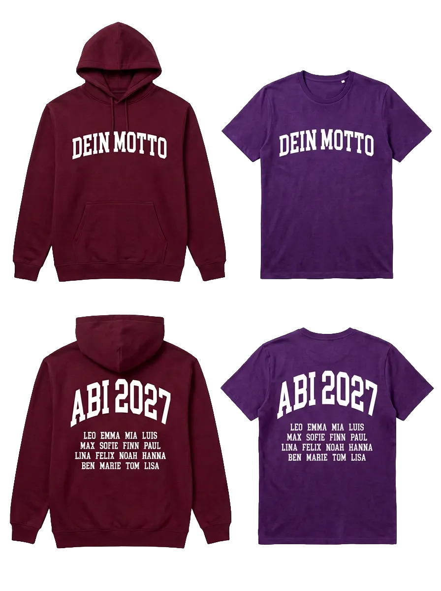 Zwei Hoodies und zwei T-Shirts in Bordeaux und Violett, Vorder- und Rückseite, mit Platzhaltern für Motto, Jahrgang und Namensliste