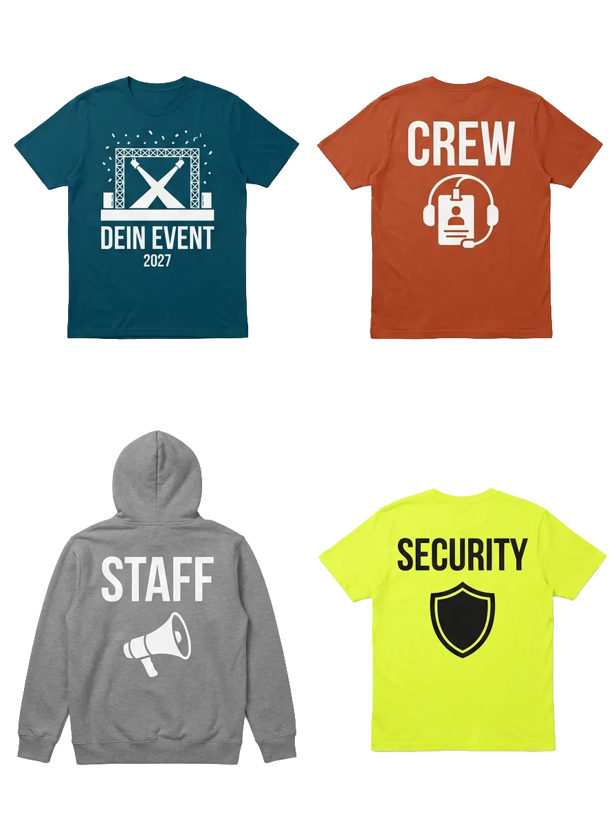 Vier Teile für ein Event: Shirt mit Bühnenmotiv, Crew-Shirt, Staff-Hoodie und ein Security-Shirt in Neongelb