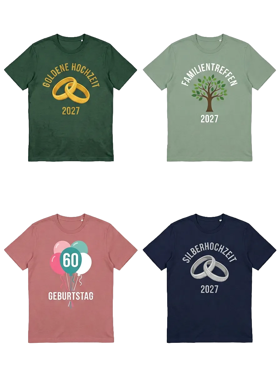 Vier T-Shirts mit Motiven für Goldene Hochzeit, Familientreffen, runden Geburtstag und Silberhochzeit