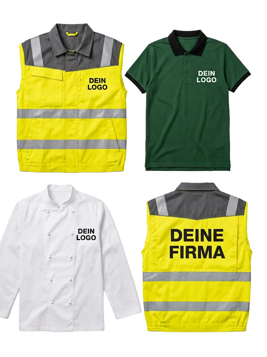 Warnweste, Poloshirt, Kochjacke und die Rückseite einer Warnweste, jeweils mit Platzhaltern für Logo und Firmenname