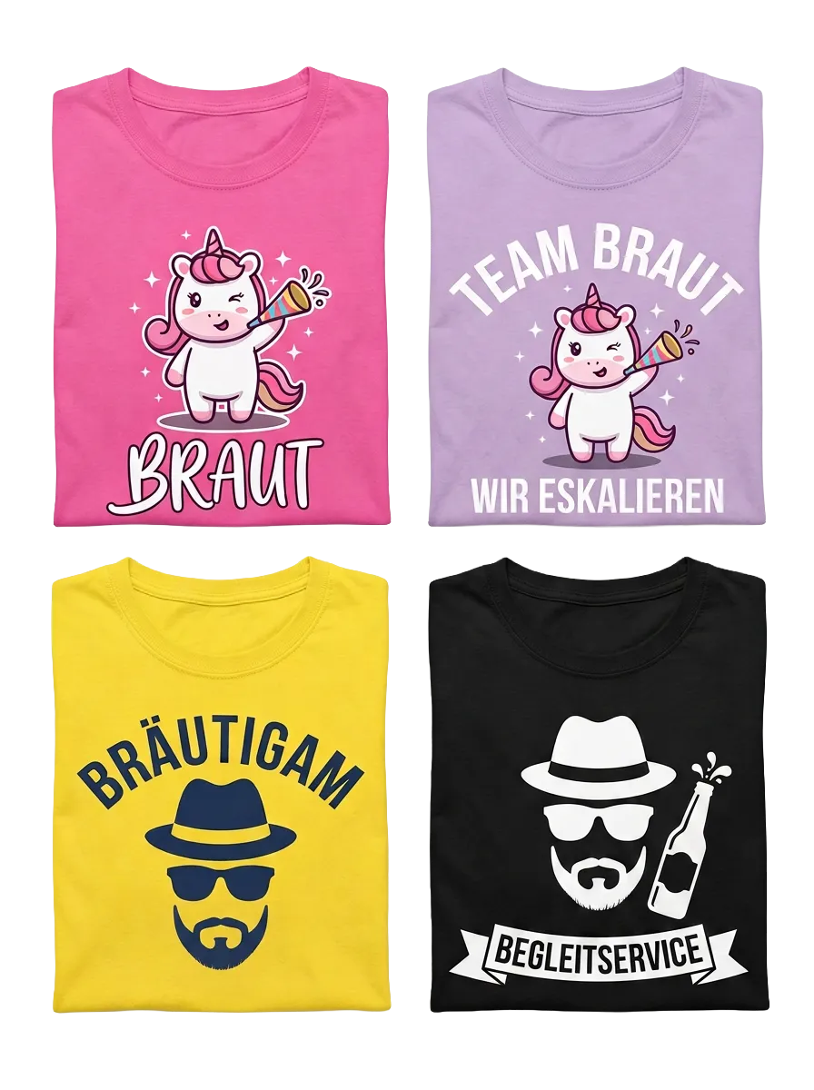 Vier gefaltete T-Shirts in Pink, Flieder, Gelb und Schwarz mit JGA-Motiven für Braut, Team Braut, Bräutigam und Begleitung
