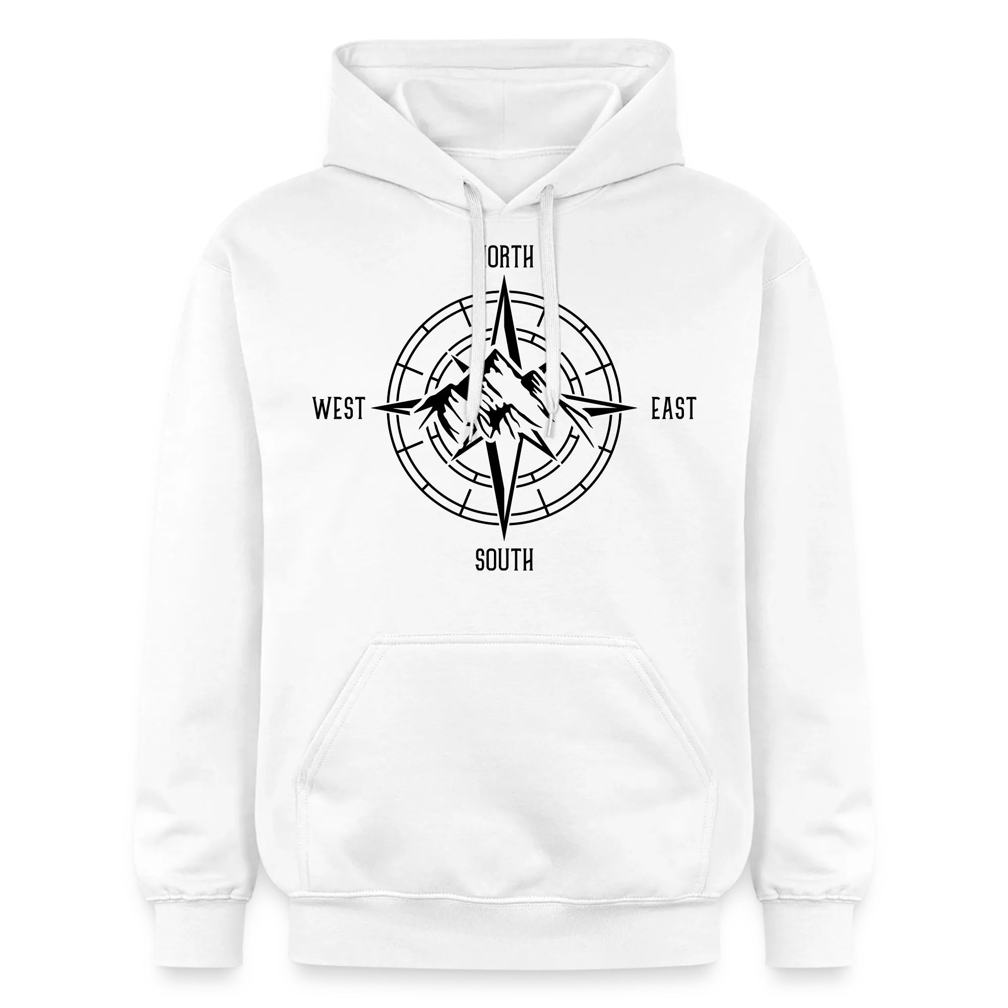 Weißer Hoodie mit schwarzem Kompass-Motiv und Bergen