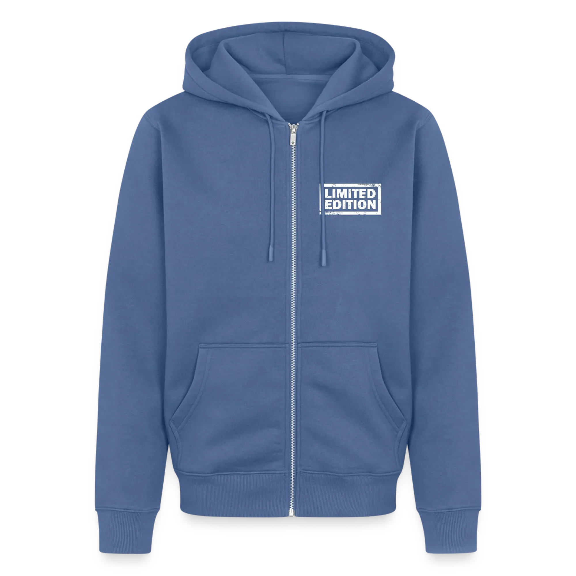 Blaue Kapuzenjacke mit Reißverschluss und weißem Aufdruck „Limited Edition“