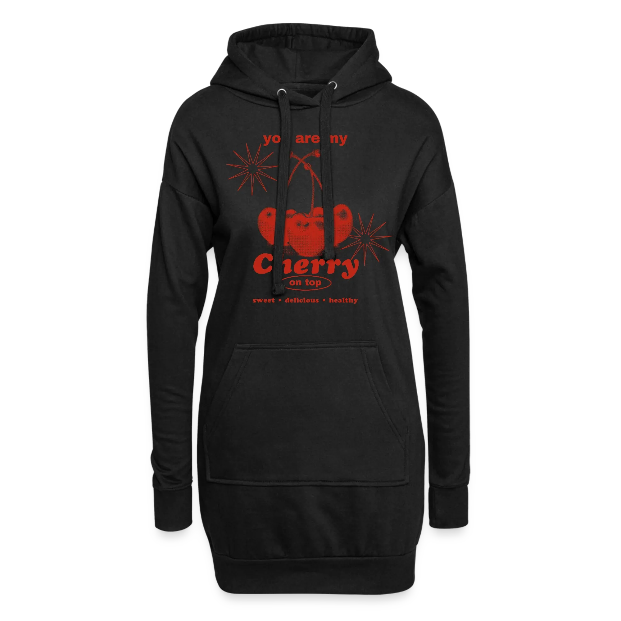 Schwarzes Hoodie-Kleid mit rotem Kirschmotiv und Schriftzug „You are my Cherry on top“