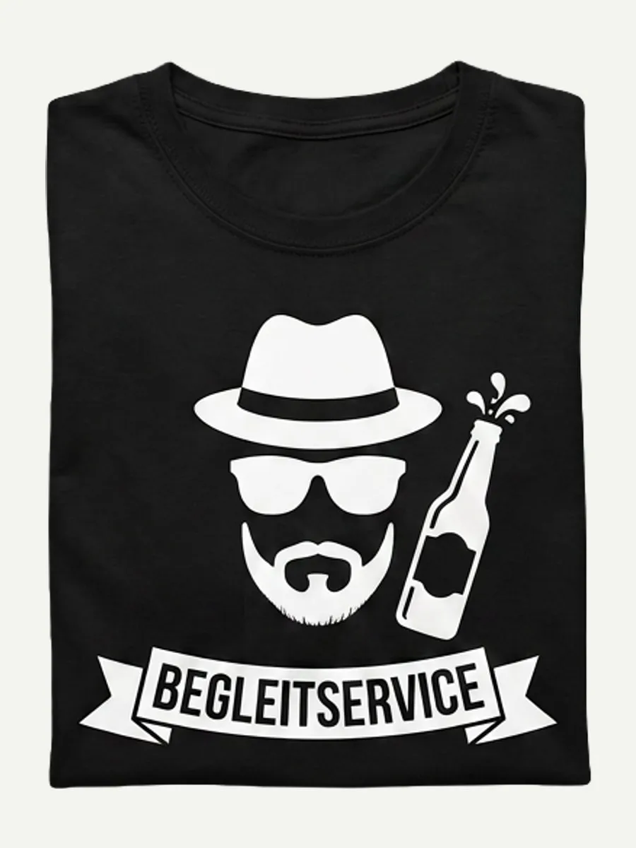 Schwarzes T-Shirt mit einem bärtigen Gesicht mit Hut und Sonnenbrille, Bierflasche und dem Schriftzug Begleitservice