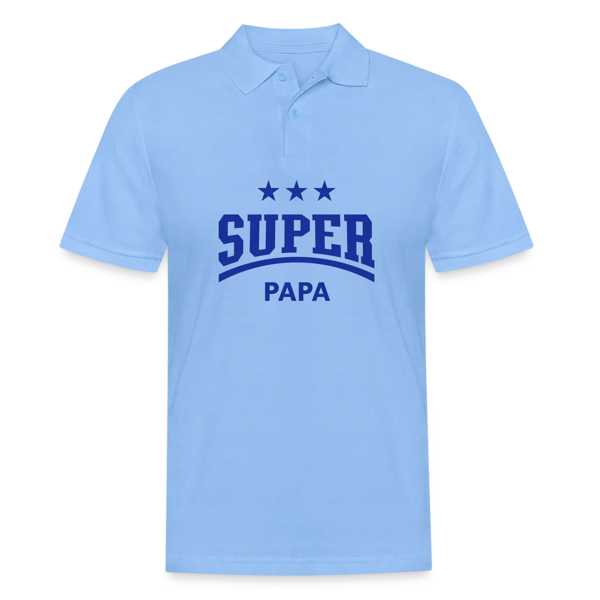 Hellblaues Poloshirt mit blauem Aufdruck „Super Papa“ und drei Sternen