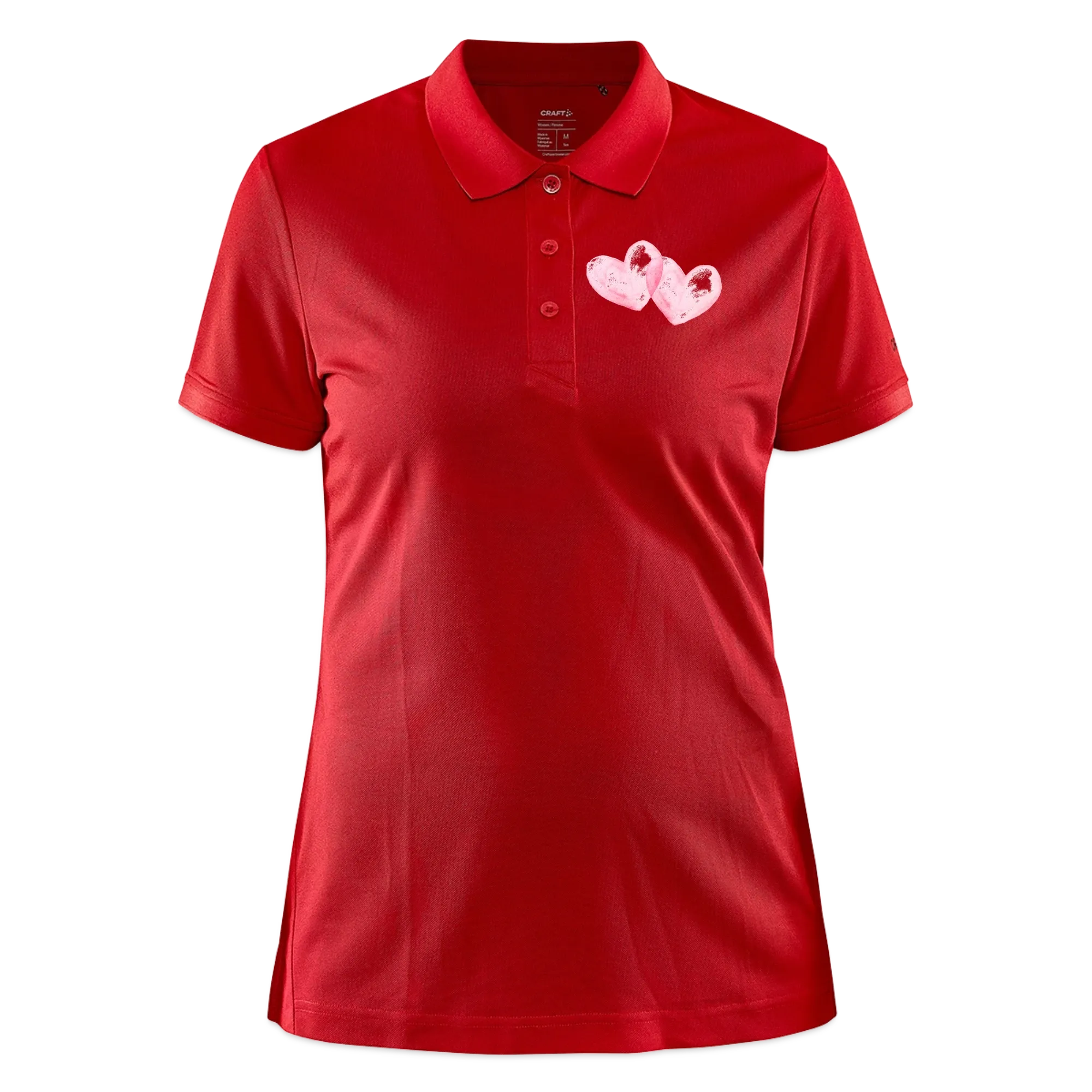 Rotes Damen-Poloshirt mit zwei rosa Herzen als kleiner Brustdruck