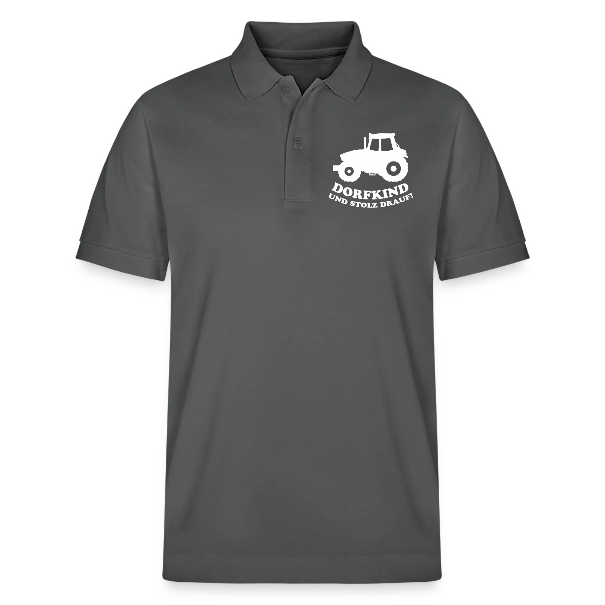 Dunkelgraues Poloshirt mit weißem Traktor-Motiv und Schriftzug „Dorfkind und stolz drauf“