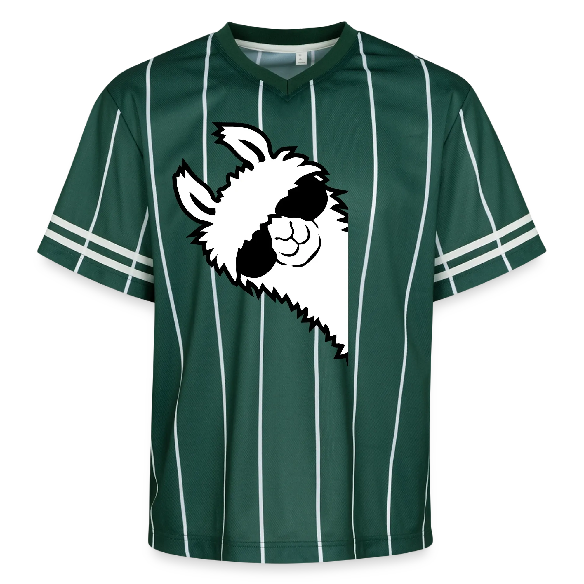 Dunkelgrünes Football-Trikot mit weißen Nadelstreifen und einem Lama-Motiv in Schwarz-Weiß
