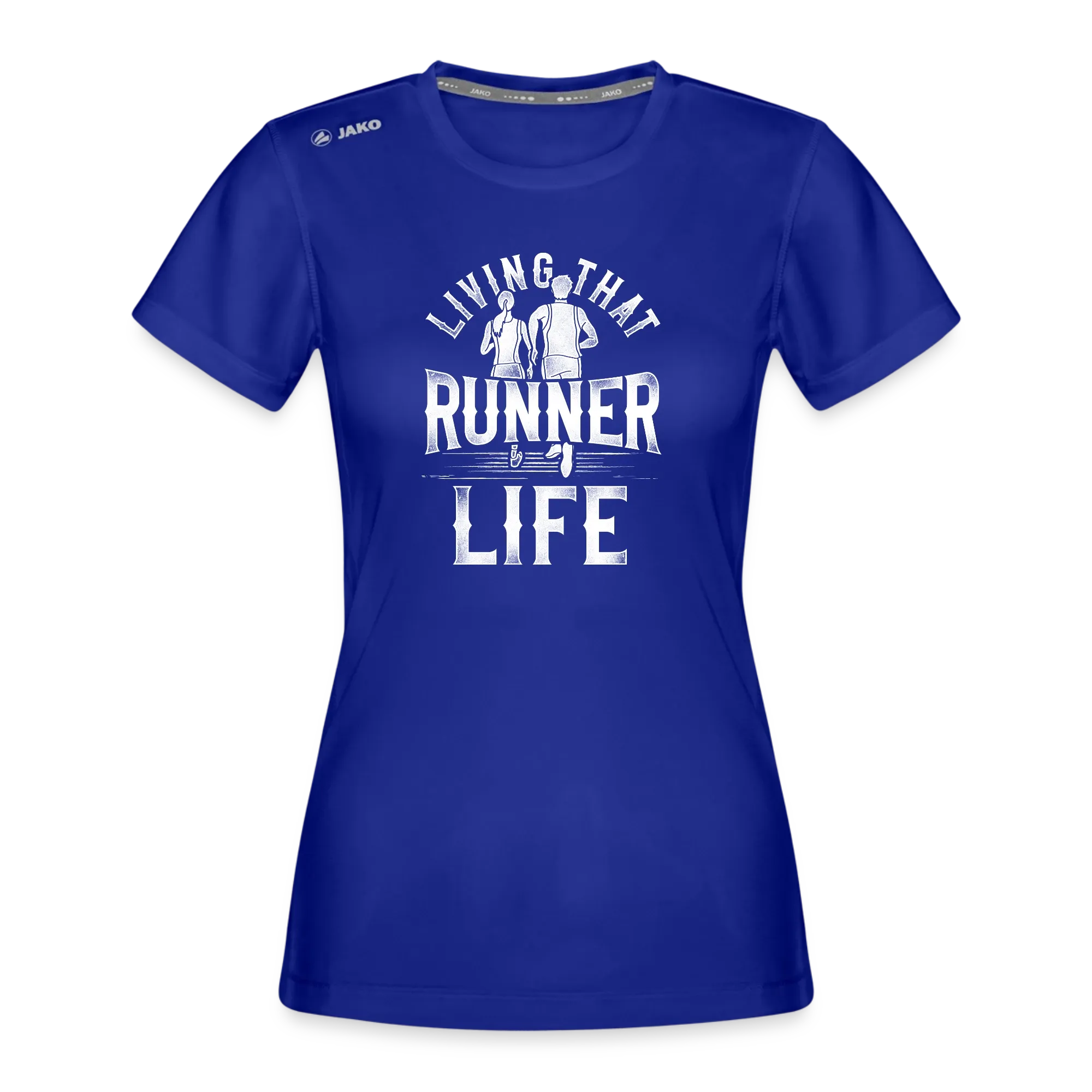 Royalblaues JAKO Frauen-Laufshirt mit weißem Aufdruck „Living that Runner Life“