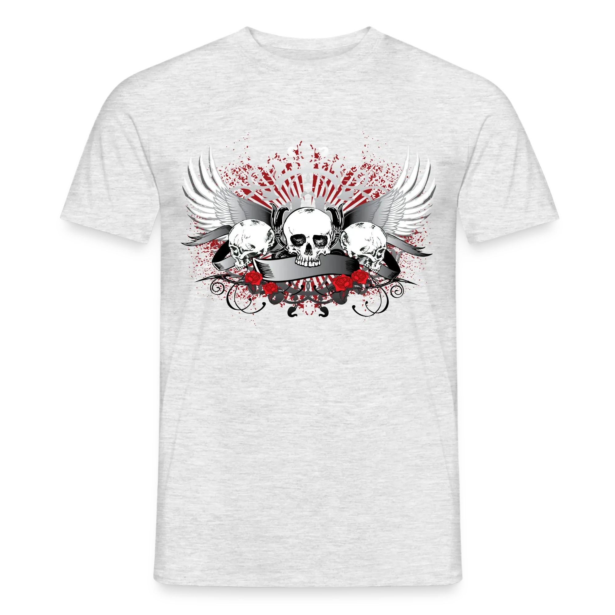 Hellgraues T-Shirt mit Totenkopf-Motiv, Flügeln und roten Rosen