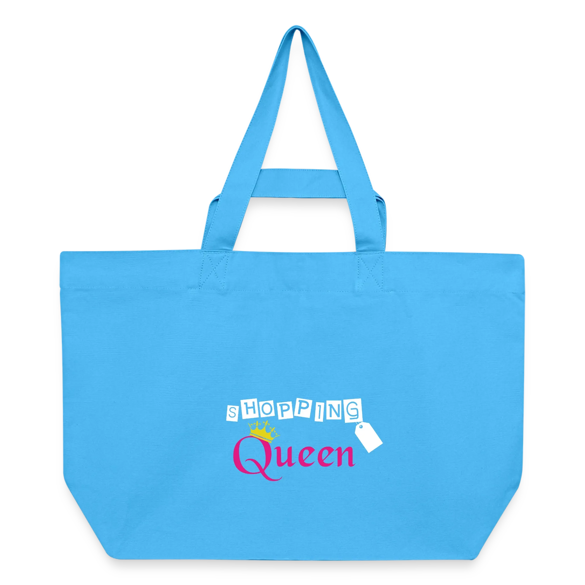 Hellblaue Shopper-Tasche mit Aufdruck „Shopping Queen“ und gelber Krone