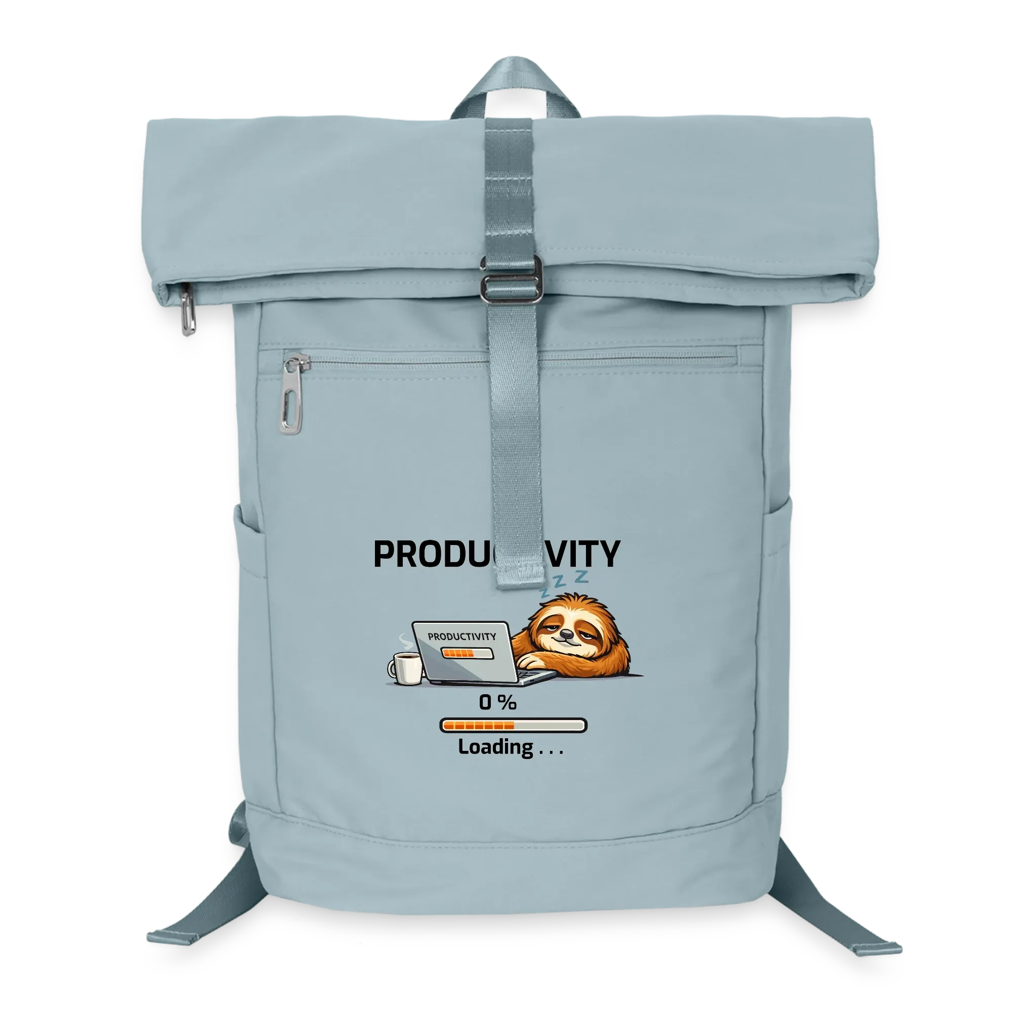 Hellblauer Rolltop-Rucksack mit Faultier-Motiv und Schriftzug „Productivity 0 % Loading“