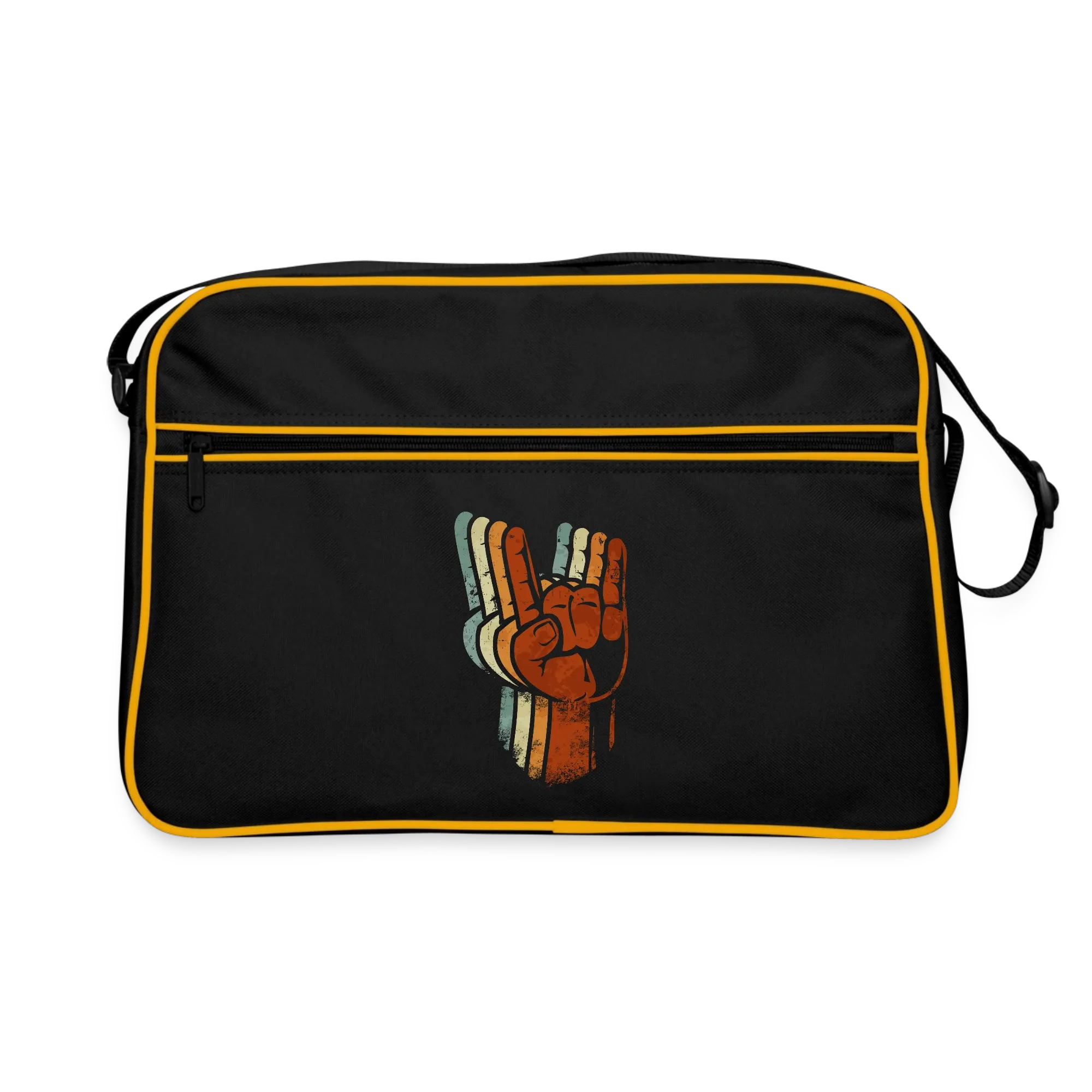 Schwarze Retro-Umhängetasche mit gelber Paspel und Hand-Motiv in Retrofarben