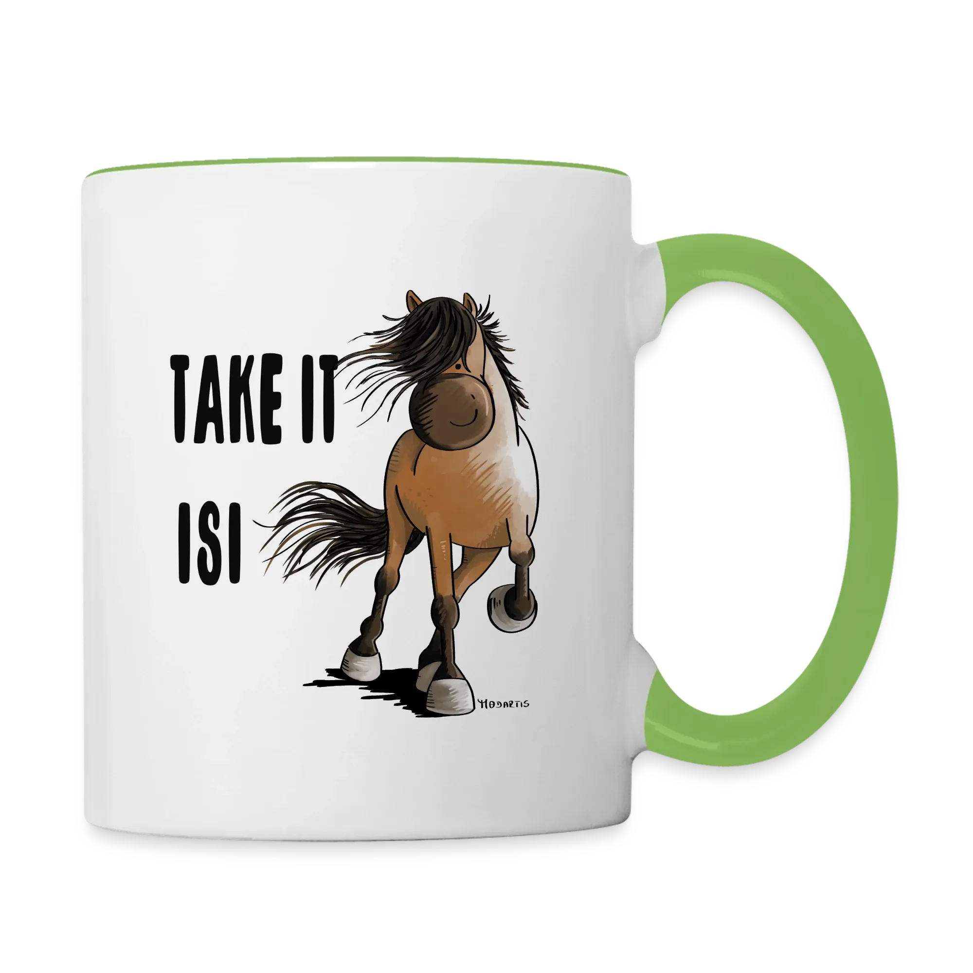 Weiße Tasse mit grünem Henkel und gezeichnetem Pferd, Schriftzug „Take it Isi“