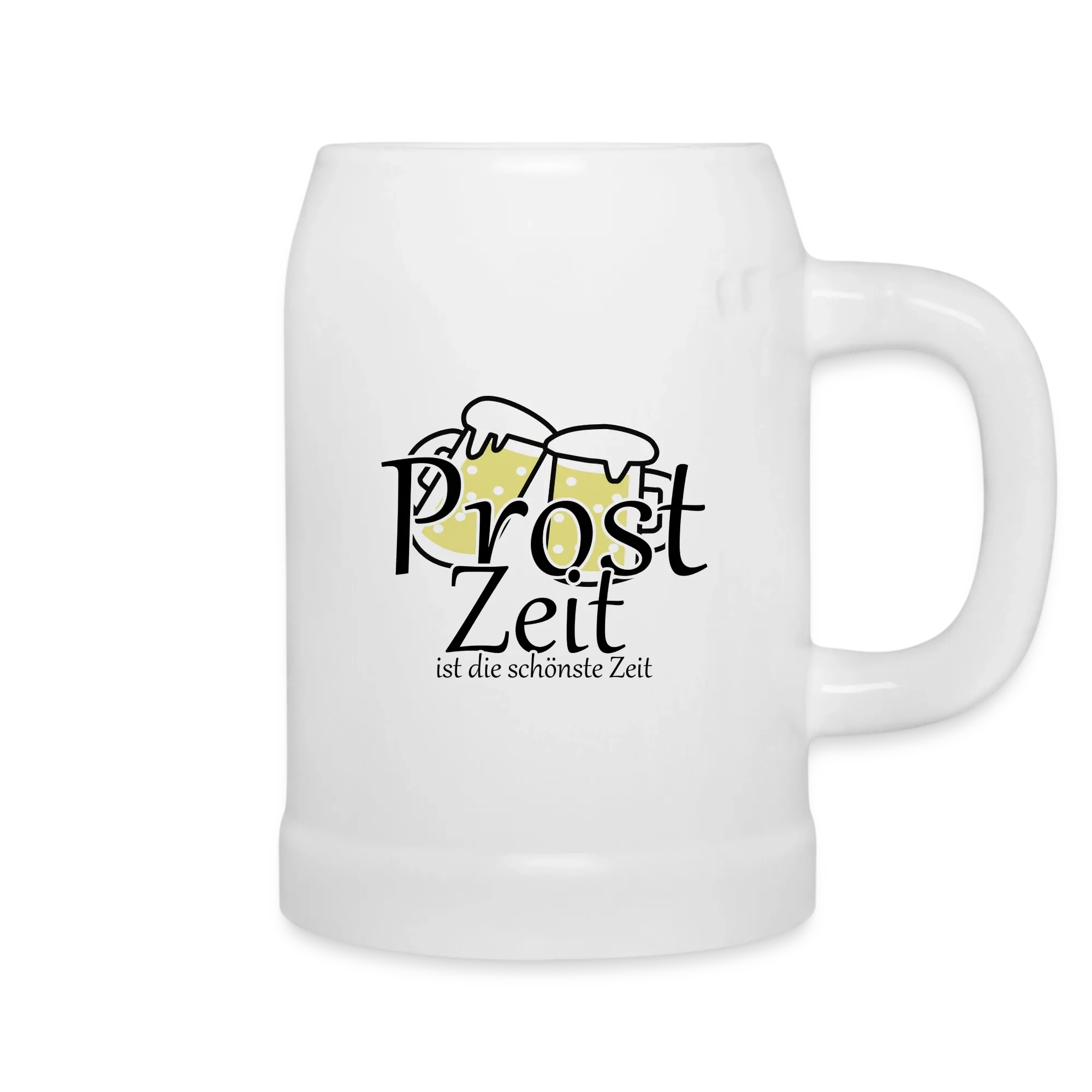 Weißer Bierkrug mit Schriftzug „Prost Zeit ist die schönste Zeit“