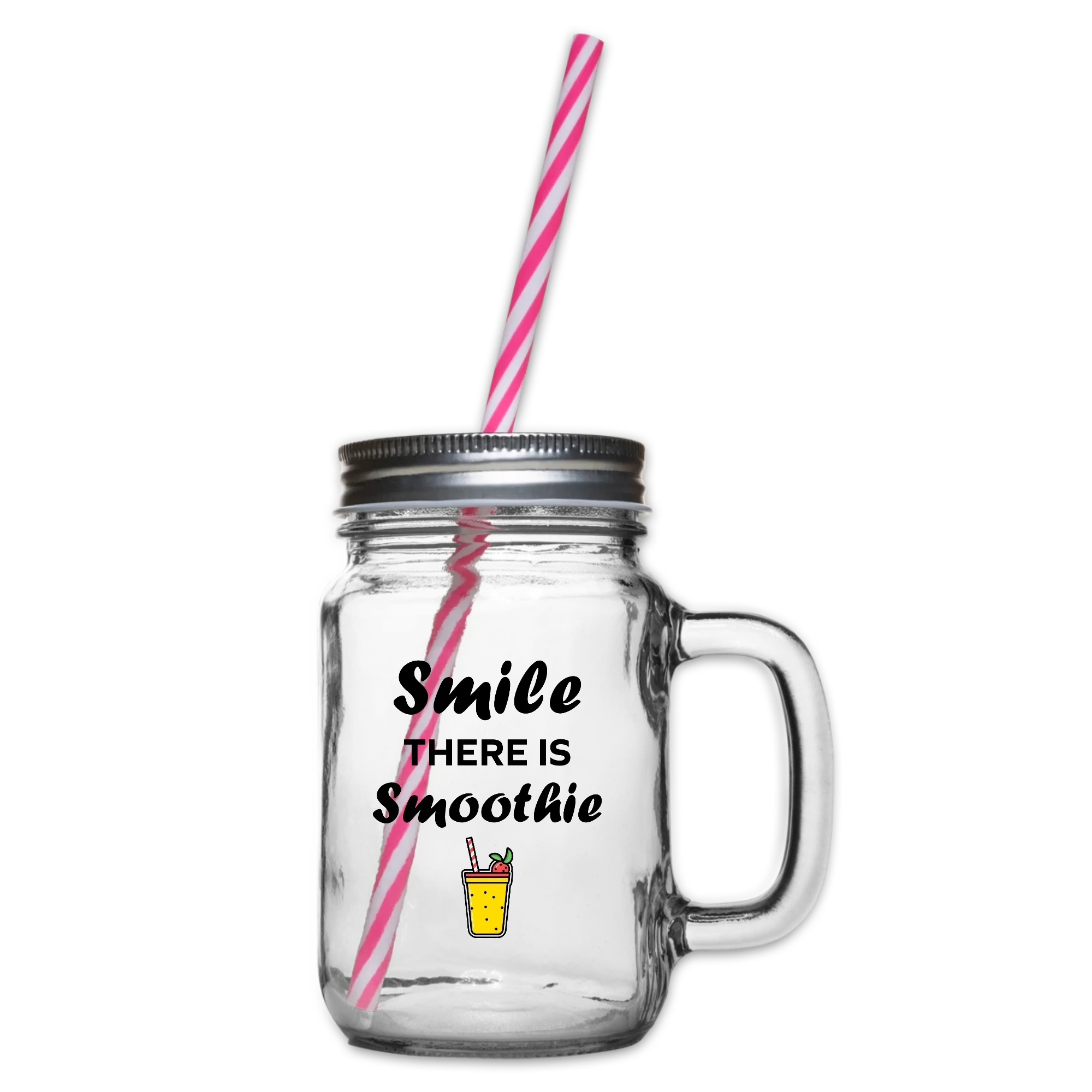 Henkelglas mit Schraubdeckel und rosa Strohhalm, Aufdruck „Smile there is Smoothie“